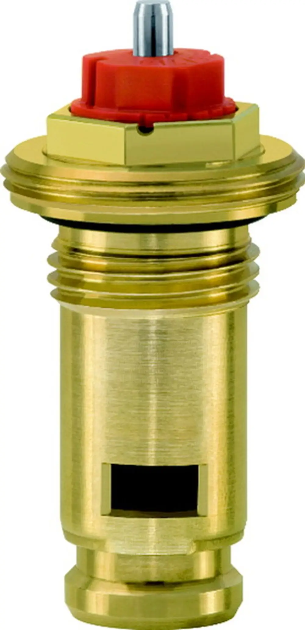 Thermostat-Oberteil aus Messing mit rotem Einstellknopf, konzipiert für VHK-Systeme von IMI Hydronic Engineering. Gehäuse mit einer Schlitzöffnung für Thermostatventile.